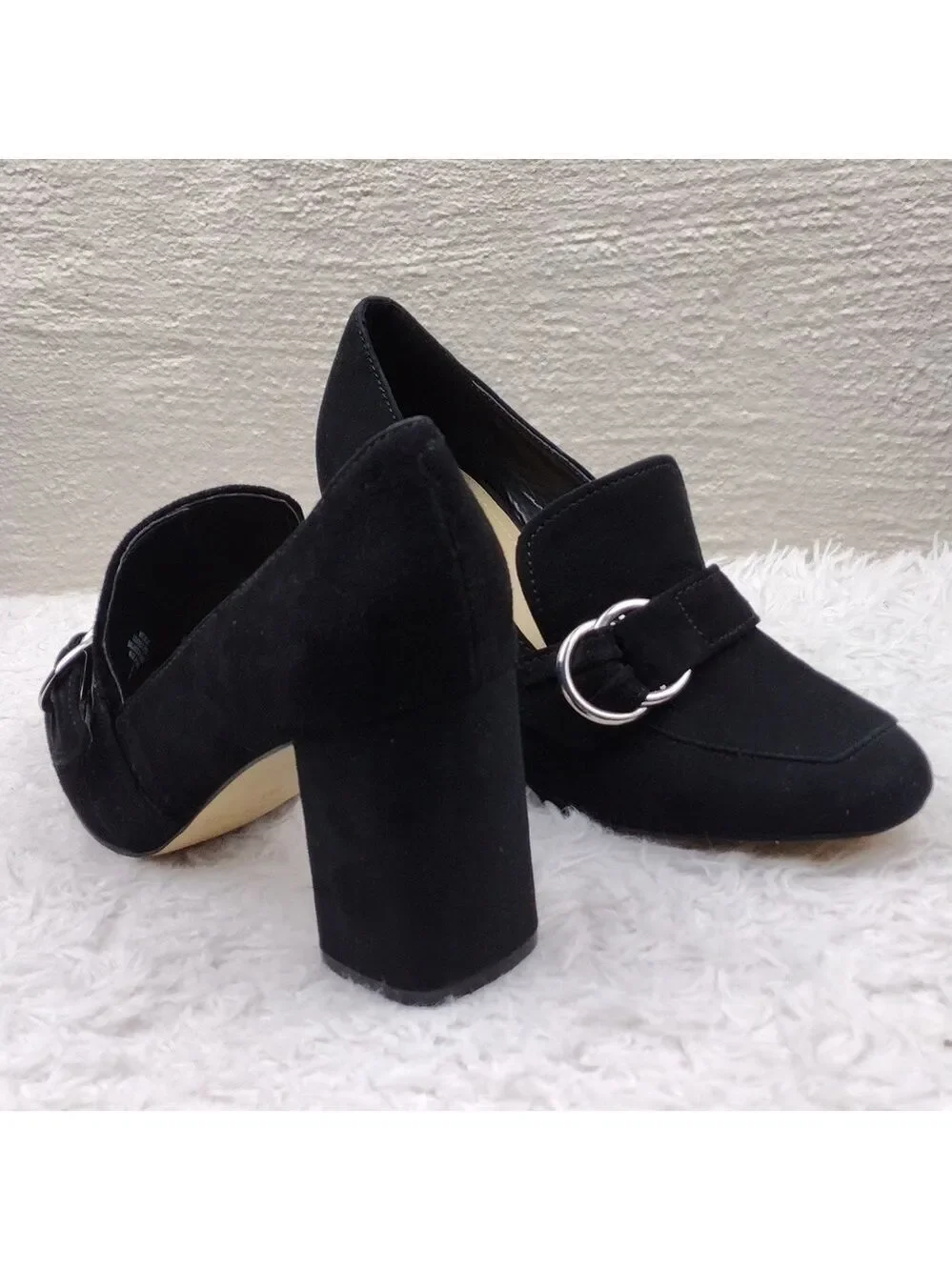 Marc Fisher Caila Black Suede Upper Round Toe Block High Heel Slip On Shoe